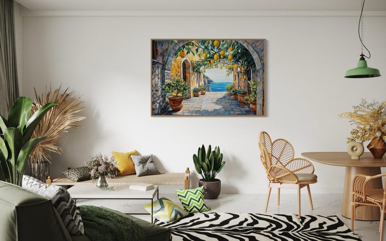 This vibrant artwork captures the charm of an Italian coastal village, featuring lemon trees hanging over a sunlit stone pathway. With a stunning view of the sea, this piece brings Mediterranean warmth and rustic beauty into your home.