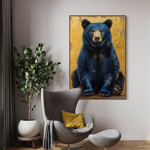 Realistic painting of a blue-black bear with golden accents. The bear sits against a textured golden background, combining natural beauty with artistic flair. Perfect for adding a unique touch of wilderness charm to any space.