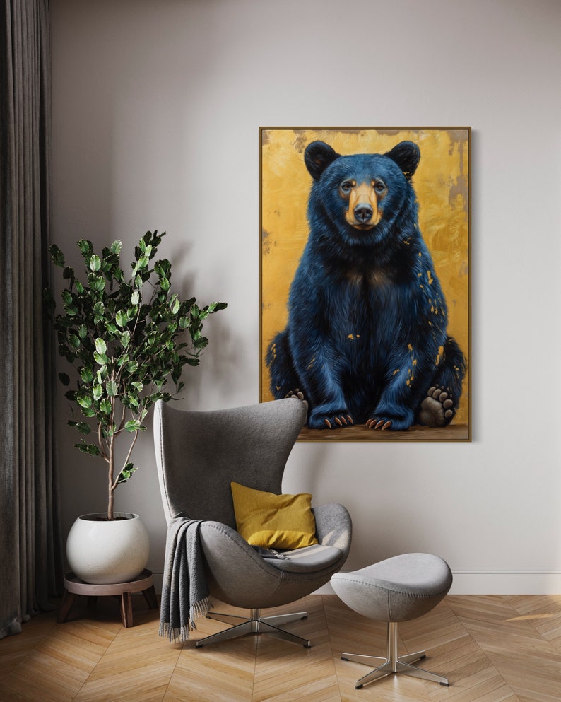 Realistic painting of a blue-black bear with golden accents. The bear sits against a textured golden background, combining natural beauty with artistic flair. Perfect for adding a unique touch of wilderness charm to any space.