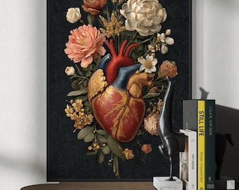 Anatomical Heart Floral Art – Romantic Botanical Wall Print, Gothic Dark Academia Decor, Framed, Canvas or Fine Art Paper