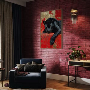 Striking art print of a black panther resting against a rich red and gold abstract background. The panther’s piercing gaze, sleek dark fur, and powerful presence create a dramatic and luxurious statement piece, blending wildlife majesty with bold modern art design for a captivating interior accent.