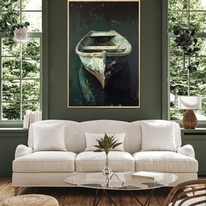 A tranquil artwork capturing a rustic boat's serene reflection in still waters, embodying a quiet escape and the beauty of simplicity. Ideal for a calming space.