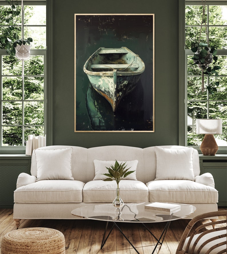 A tranquil artwork capturing a rustic boat's serene reflection in still waters, embodying a quiet escape and the beauty of simplicity. Ideal for a calming space.