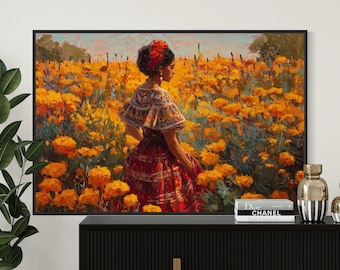 Mexican Woman in Marigold Field Art Print – Dia de los Muertos Wall Decor, Latina Heritage Artwork, Traditional Mexican Wall Art