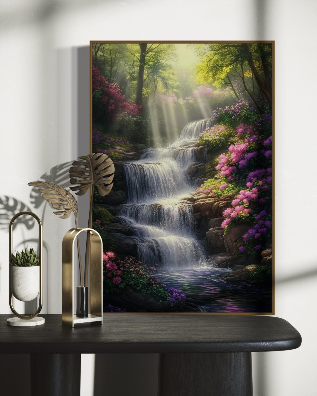 Waterfall Wall Art – Serene Forest Landscape Print, Floral Waterfall ...