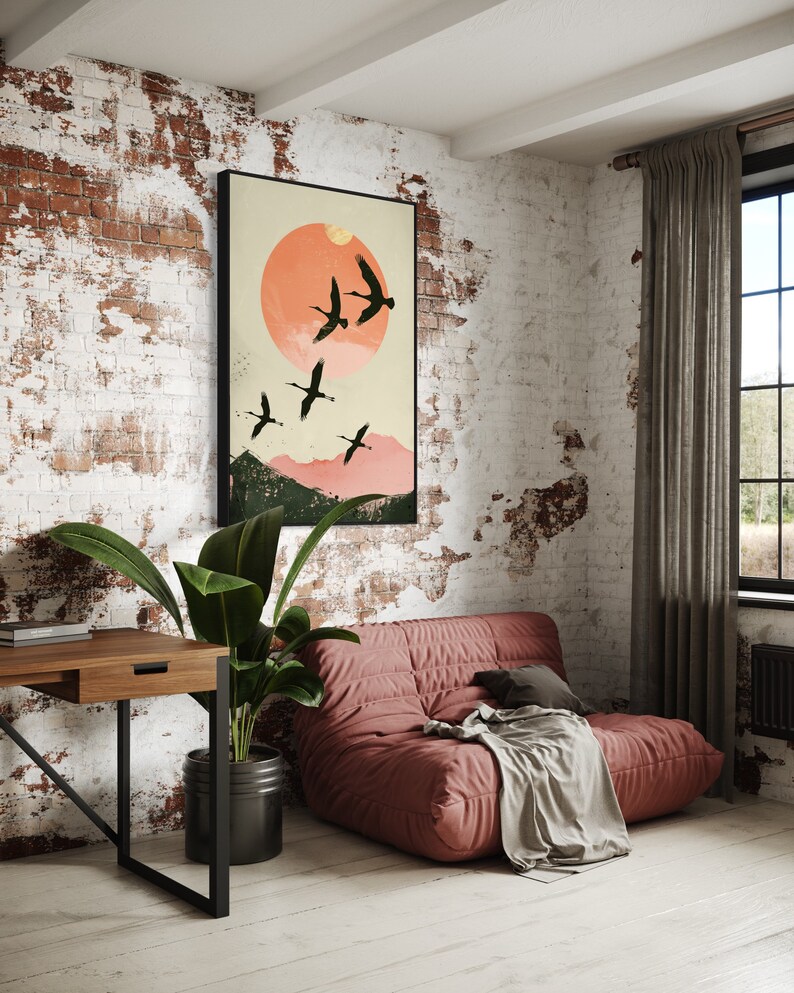 Silhouettes in Flight: A serene composition featuring cranes soaring across a textured pink sunset, their graceful forms framed against a full moon.