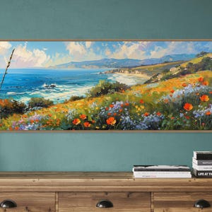 Kalifornische Küste Panorama-Wandkunst - Langer, schmaler Wildblumenfelddruck, moderne Küstenlandschaft für über dem Bettdekor, Cottage Kunstwerk