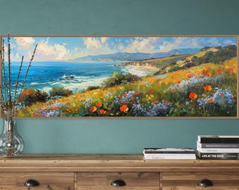Cuadro panorámico de la costa de California: lámina de un campo de flores silvestres largo y estrecho, paisaje costero moderno para la decoración sobre la cama, obra de arte rústica.