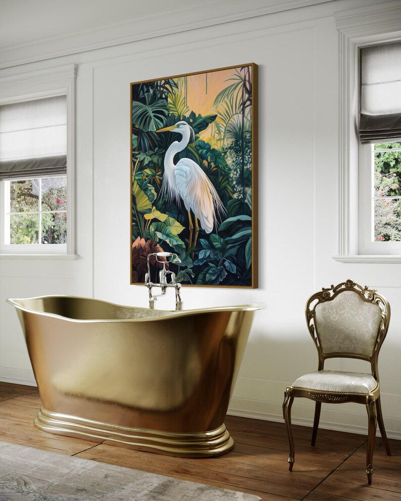 This canvas print captures a majestic heron standing amidst lush tropical foliage, illuminated by a soft, golden sunrise. Its detailed portrayal and vibrant setting make it a striking piece for any nature or bird enthusiast's collection.