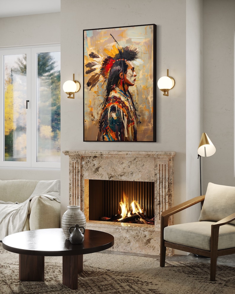 This striking portrait captures a Native American in profile, adorned with a vibrant feather headdress. The dynamic brushstrokes and bold colors evoke a sense of strength and spirit.