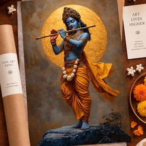 Immerse yourself in divine grace with this exquisite art piece of Lord Krishna playing the flute. The vibrant colors and intricate details make it a captivating addition to any spiritual or cultural space.