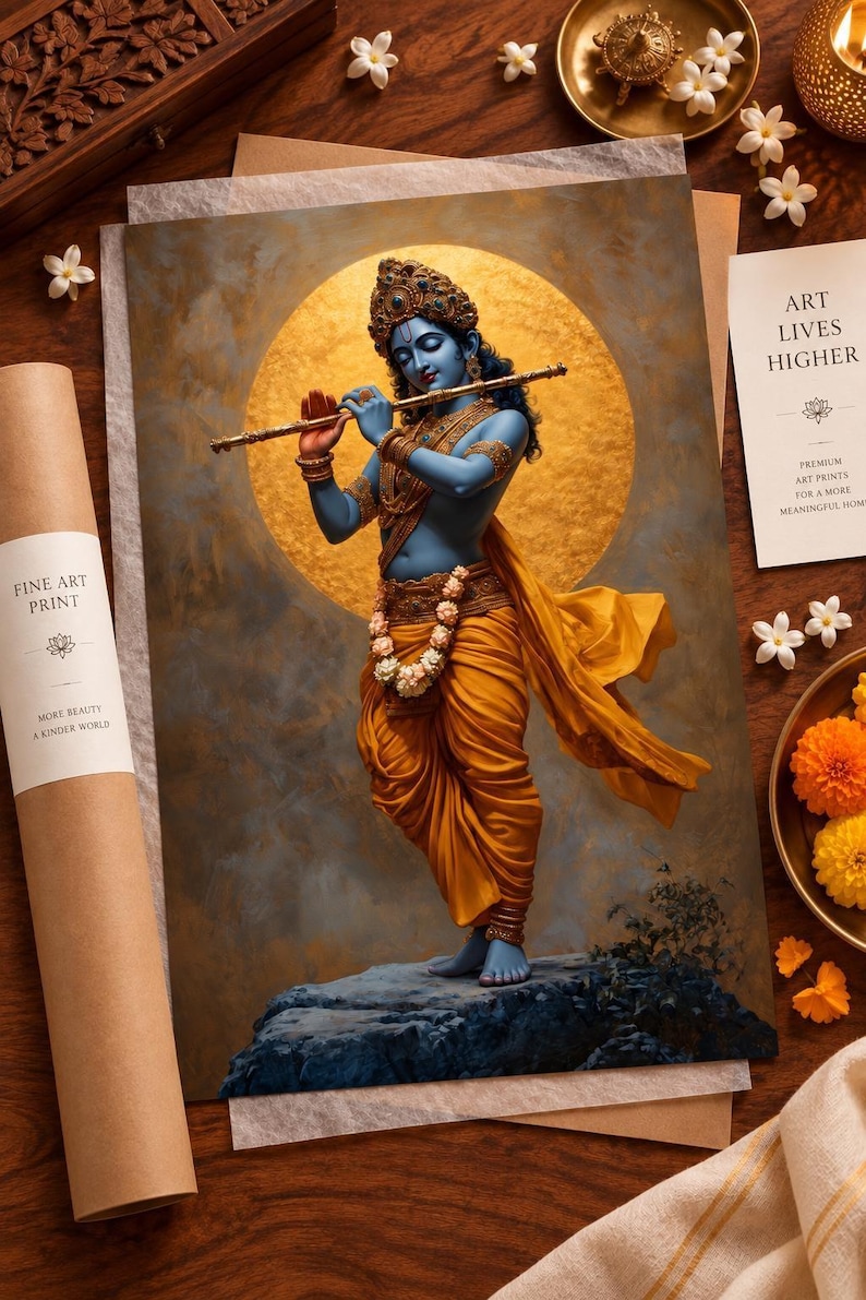 Immerse yourself in divine grace with this exquisite art piece of Lord Krishna playing the flute. The vibrant colors and intricate details make it a captivating addition to any spiritual or cultural space.