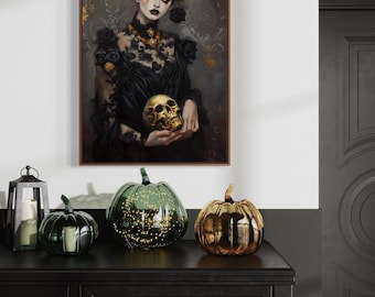 Dark Gothic Woman Art Print – Black Rose Portrait with Golden Skull, Elegant Gothic Wall Decor