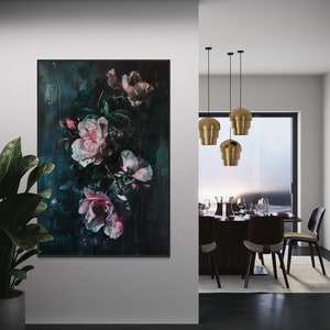 Emerald Nocturne  - A captivating floral display, with blooms of pink and white against a deep teal backdrop, exuding a mysterious, nocturnal charm.