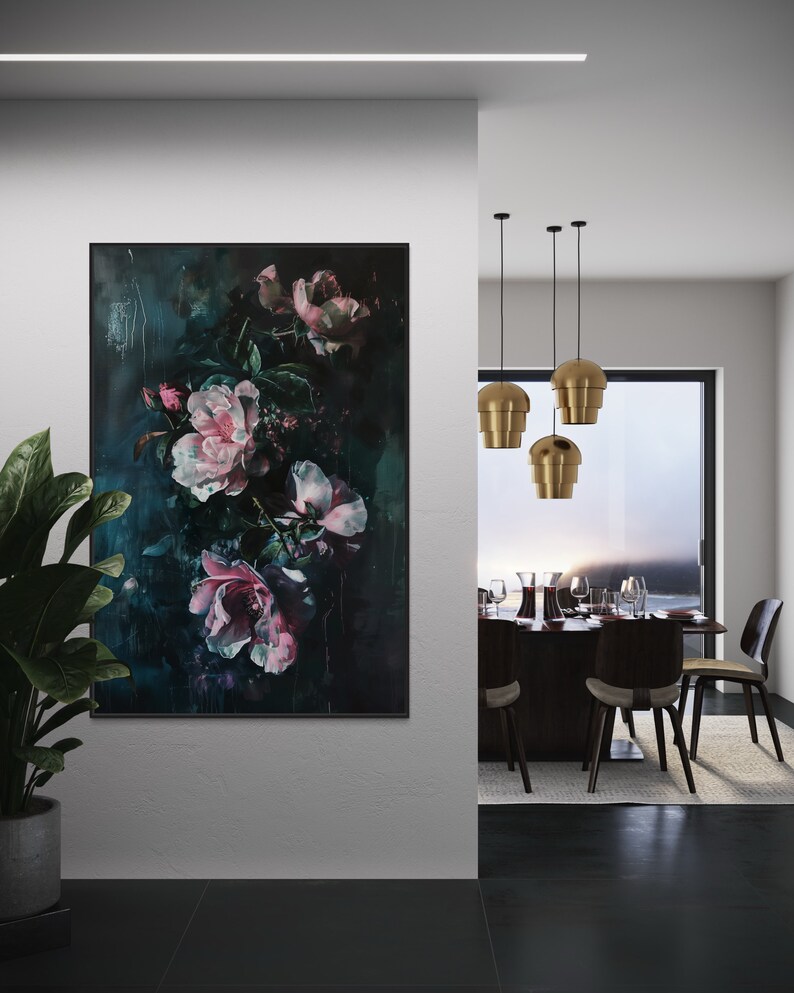 Emerald Nocturne  - A captivating floral display, with blooms of pink and white against a deep teal backdrop, exuding a mysterious, nocturnal charm.
