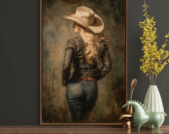 Cowgirl Wall Art Print – Western Woman in Cowboy Hat Painting, Rustic Farmhouse Decor, Country Girl Wall Art, Cowgirl Aesthetic Print