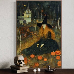 Captivating artwork of a witch in a mystical forest, surrounded by glowing pumpkins and an enchanted cottage, evoking a spellbinding Halloween night.