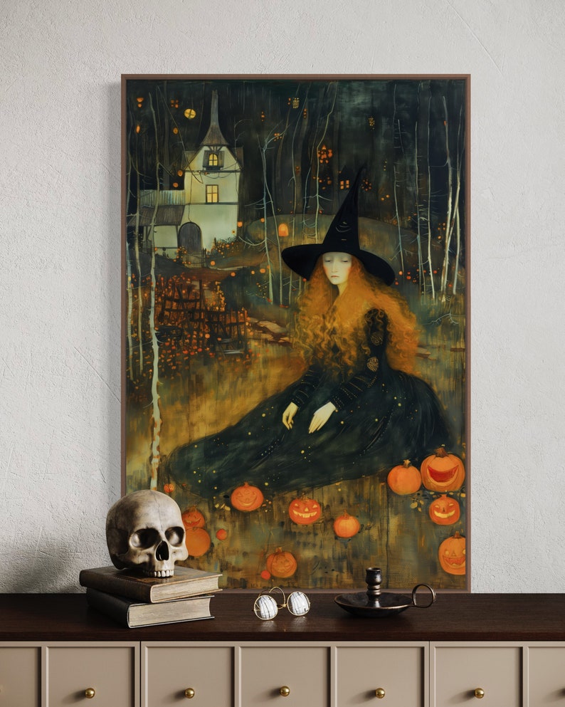 Captivating artwork of a witch in a mystical forest, surrounded by glowing pumpkins and an enchanted cottage, evoking a spellbinding Halloween night.