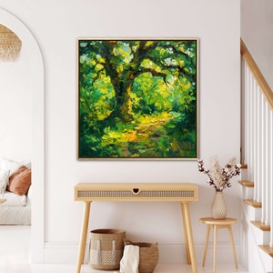 The old oak stands regal and enduring, its twisting branches like wise, outstretched arms, cloaked in a tapestry of sun-kissed leaves, creating a serene sanctuary of nature's timeless beauty.