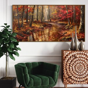 Autumn Whisper: A tranquil forest brook winds through a golden autumnal embrace, flanked by fiery red leaves and bathed in soft, dappled sunlight.