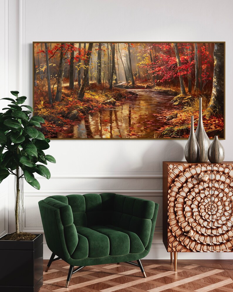 Autumn Whisper: A tranquil forest brook winds through a golden autumnal embrace, flanked by fiery red leaves and bathed in soft, dappled sunlight.