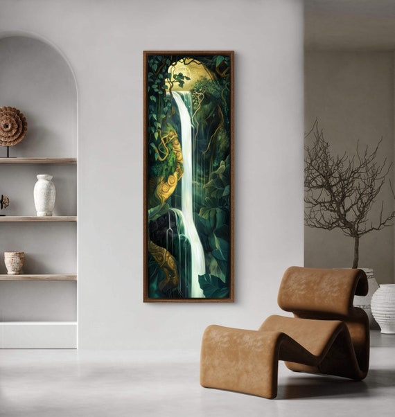 Lush Greenery Waterfall Art Print - Enchanted Forest Scene Tall Vertical Canvas for Relaxing Narrow Wall Decor
