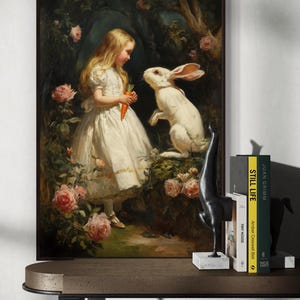 Alice in Wonderland Art Print – White Rabbit Victorian Fantasy Wall Art, Storybook Nursery Decor, Whimsical Fairytale Canvas for Girls Room