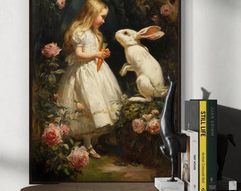 Alice in Wonderland Art Print – White Rabbit Victorian Fantasy Wall Art, Storybook Nursery Decor, Whimsical Fairytale Canvas for Girls Room