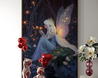 Mystical Fairy Art Print – Ethereal Elf in Enchanted Forest, Fantasy Wall Art, Whimsical Fairy Decor, Nature-Inspired Magic