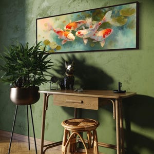 Vibrant koi fish art print featuring five colorful koi swimming among soft lily pads in a dreamy pond. This serene piece is a high-resolution canvas reproduction of an original painting, with no physical texture. Ideal for tranquil decor and Zen-inspired spaces.