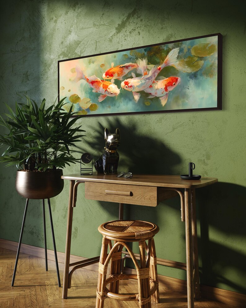 Vibrant koi fish art print featuring five colorful koi swimming among soft lily pads in a dreamy pond. This serene piece is a high-resolution canvas reproduction of an original painting, with no physical texture. Ideal for tranquil decor and Zen-inspired spaces.