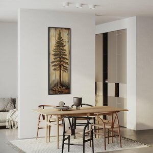 A rustic painting of a tall pine tree on wooden panels, showcasing natural textures and earthy tones. It is a perfect blend of art and nature with a handcrafted feel.