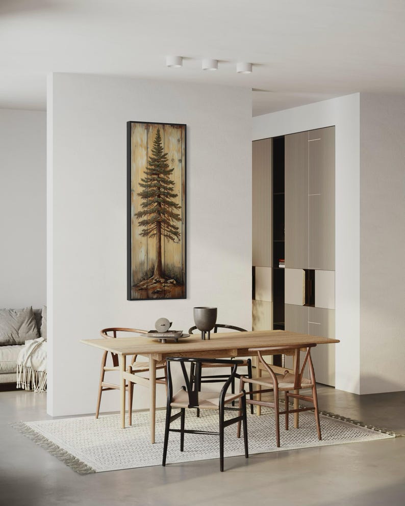 A rustic painting of a tall pine tree on wooden panels, showcasing natural textures and earthy tones. It is a perfect blend of art and nature with a handcrafted feel.