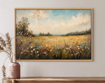 Cuadro decorativo de pradera vintage: lienzo con estampado de un sereno campo de flores silvestres, encanto rústico campestre y decoración floral atemporal para el hogar.