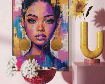 Afrocentrische vrouw portret muurkunst – Gedurfde abstracte gezichtsafdruk op canvas of poster, melanine koningin decor, ingelijste kunstoptie