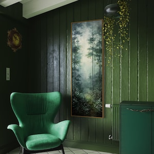 This serene painting depicts a misty forest with tall trees and delicate wildflowers. The soft, muted colors and ethereal atmosphere create a sense of tranquility, perfect for adding a touch of nature and calm to any space.