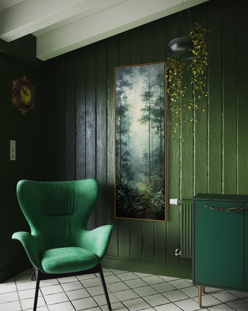 This serene painting depicts a misty forest with tall trees and delicate wildflowers. The soft, muted colors and ethereal atmosphere create a sense of tranquility, perfect for adding a touch of nature and calm to any space.