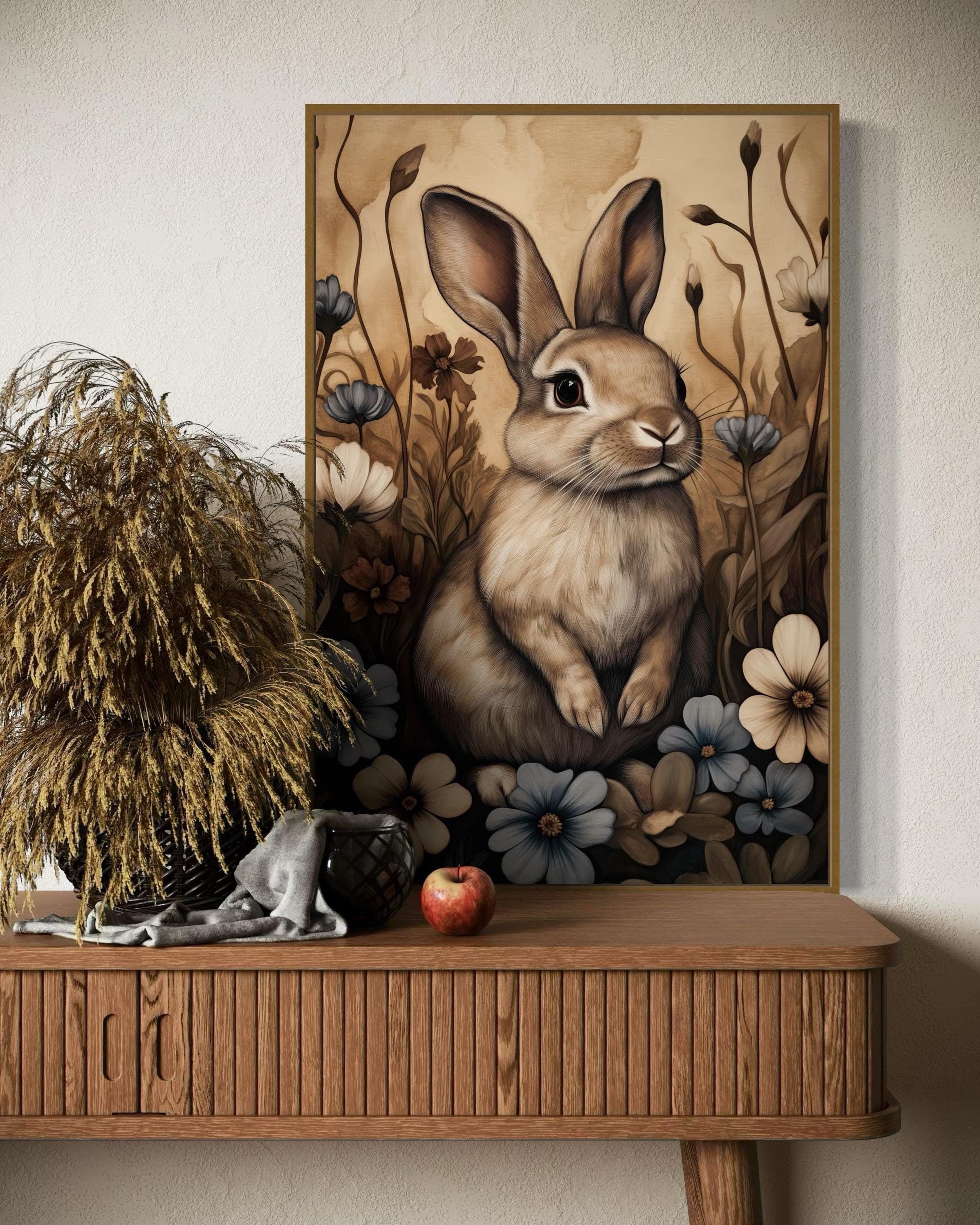 Rabbit in Flower Garden Art – Cottagecore Bunny Wall Print for