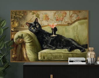 Lámina artística "Cóctel de Gato Negro" – Arte de pared de gatos caprichoso, lámina de animales divertida, regalo de estilo vintage para amantes de los gatos