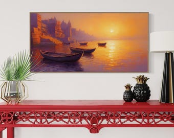 Golden Sunrise Over Ganges Canvas – Tranquil River Wall Art, Varanasi Boat Painting PRINT