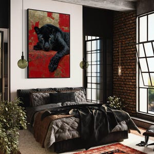 Striking art print of a black panther resting against a rich red and gold abstract background. The panther’s piercing gaze, sleek dark fur, and powerful presence create a dramatic and luxurious statement piece, blending wildlife majesty with bold modern art design for a captivating interior accent.