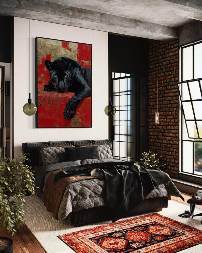 Striking art print of a black panther resting against a rich red and gold abstract background. The panther’s piercing gaze, sleek dark fur, and powerful presence create a dramatic and luxurious statement piece, blending wildlife majesty with bold modern art design for a captivating interior accent.