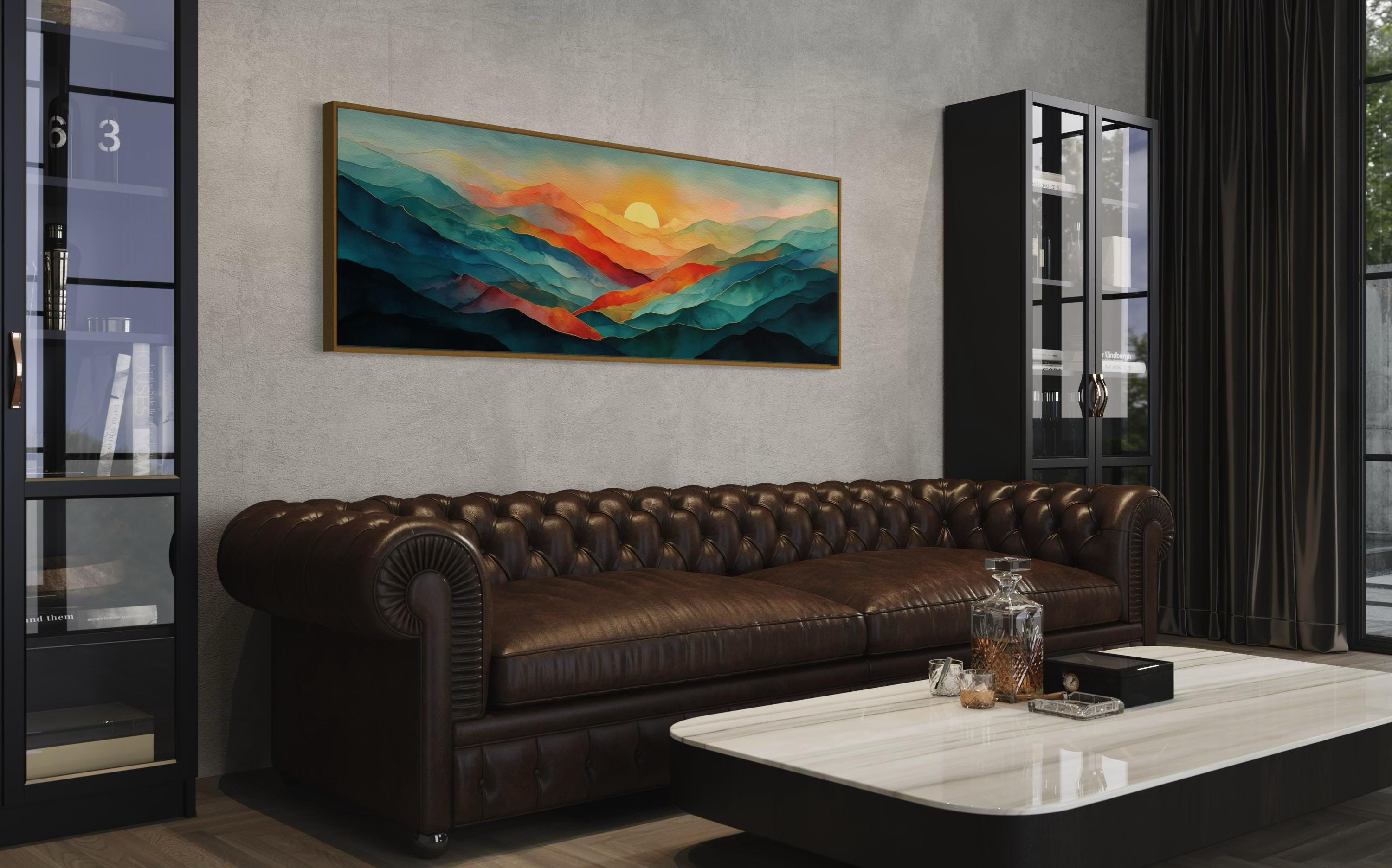 Abstract Mountain Sunrise Art Print - Modern Landscape Wall Decor, Teal ...