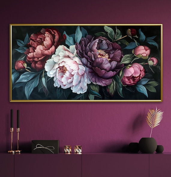Ethereal Peony Bouquet - Elegant Peonies Print, Botanical Baroque Painting Print for Moody Dark Academia Decor