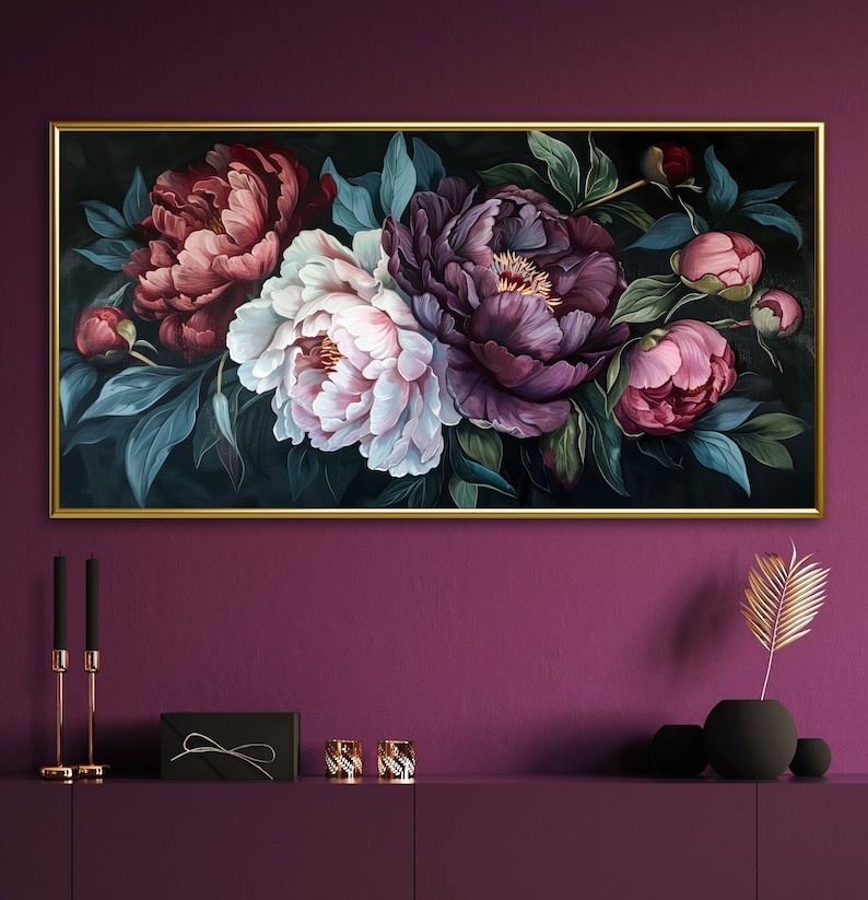 Midnight Bloom - A lush display of peonies in rich purples and delicate pinks, set against a deep, dark backdrop, exuding elegance and drama.