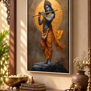 Immerse yourself in divine grace with this exquisite art piece of Lord Krishna playing the flute. The vibrant colors and intricate details make it a captivating addition to any spiritual or cultural space.