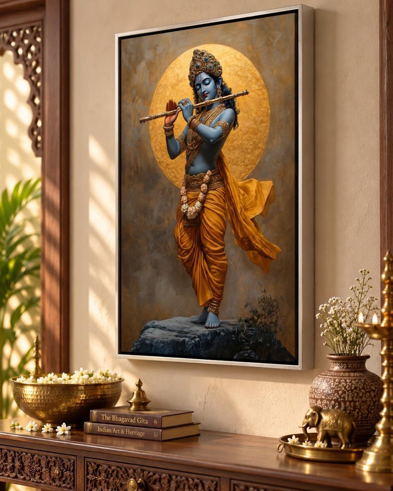 Immerse yourself in divine grace with this exquisite art piece of Lord Krishna playing the flute. The vibrant colors and intricate details make it a captivating addition to any spiritual or cultural space.
