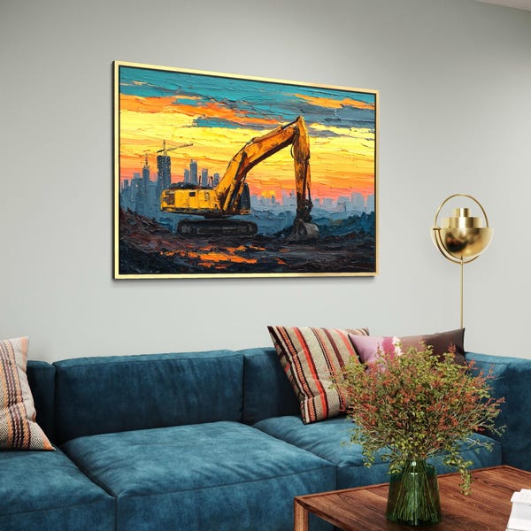 Excavator Wall Art, Industrial Construction Painting Print, Heavy Equipment Sunset Decor