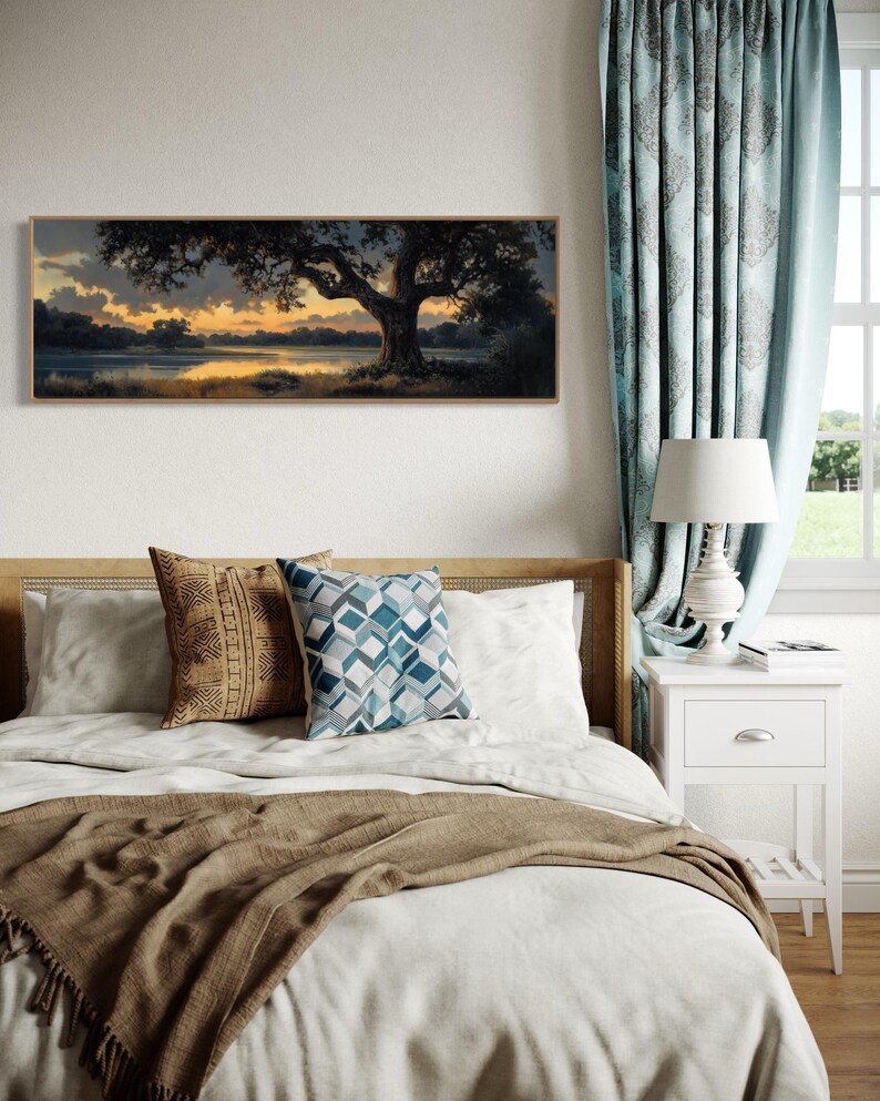 Capturing the tranquil essence of dusk, this panoramic artwork features a majestic oak tree overlooking a serene river, illuminated by the golden hues of a setting sun.