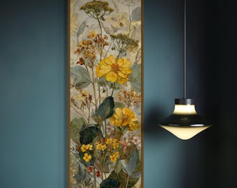 Yellow Botanical Wall Art Print – Vintage Pressed Wildflower Canvas, Vertical Floral Nature Illustration, Cottagecore Herbarium Decor